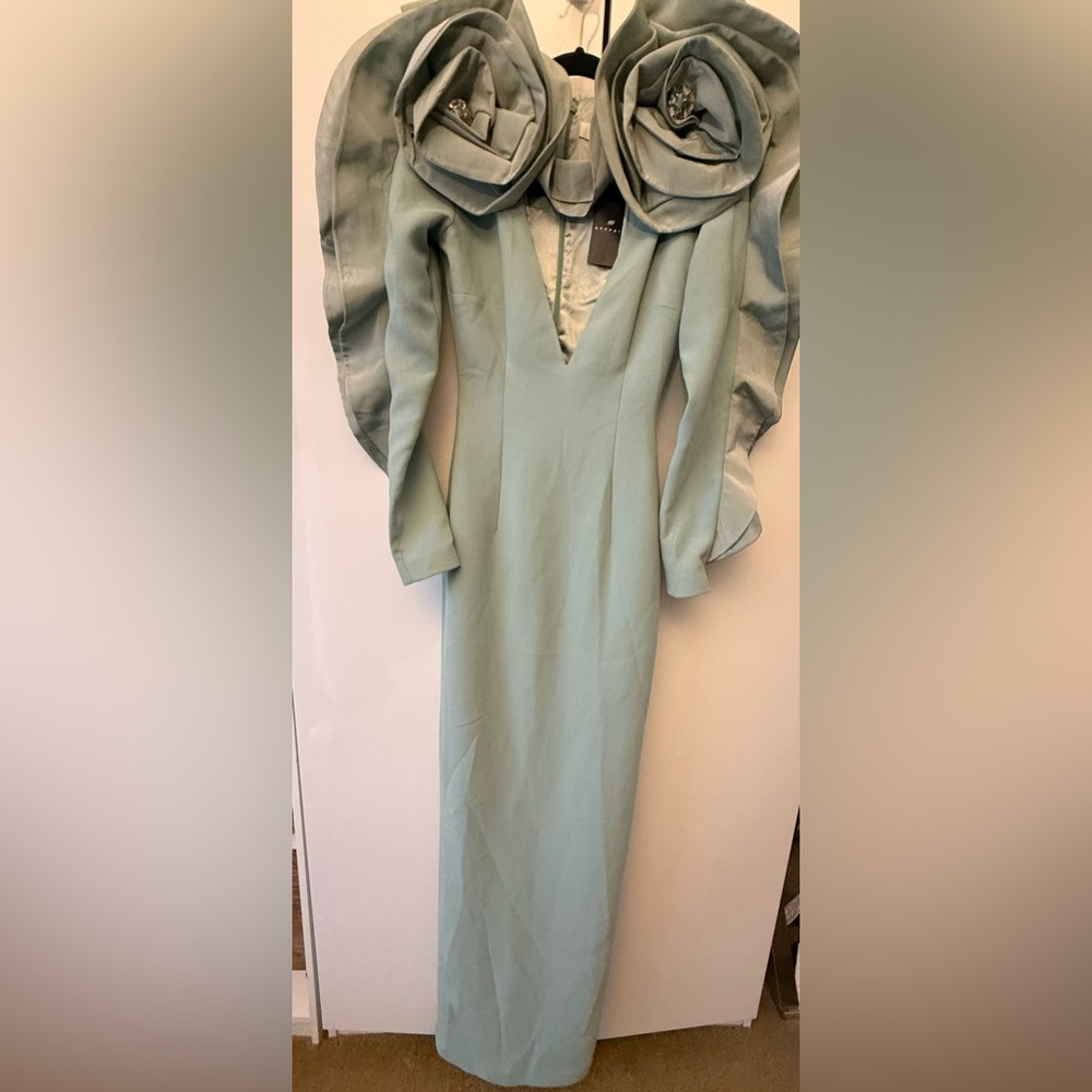 NWT long sleeve dress seafoam gown w/ deep Vneck extravagant taffeta roses XS - Picture 12 of 14